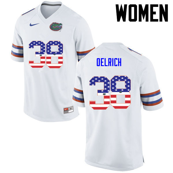 Women Florida Gators #38 Nick Oelrich College Football USA Flag Fashion Jerseys-White